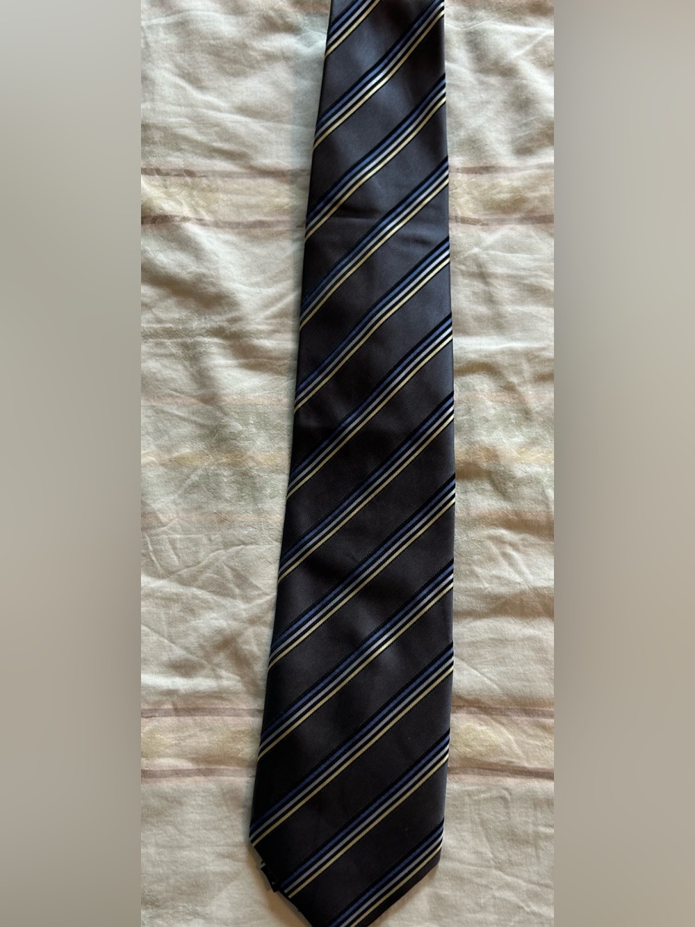 Hugo Boss Gray Striped Silk Tie with Cream and Light Blue Stripes made Italy